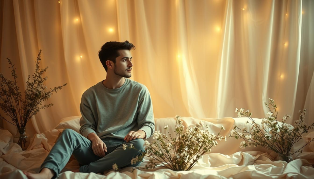 A serene and intimate scene depicting two individuals sitting close together in a softly lit setting, surrounded by a gentle golden aura. In the foreground, a man and woman, both dressed in modest casual clothing, share a heartfelt conversation, their expressions reflecting empathy and understanding. The middle ground features soft, flowing fabrics that create an inviting atmosphere, while delicate floral arrangements add warmth. The background is blurred with mistical celestial light filtering through, enhancing the emotional connection between the figures. The composition is symmetrical, capturing the essence of self-awareness and vulnerability in relationships. The soft focus and ethereal light create a harmonious mood, symbolizing the importance of emotional bonds in love. A serene and intimate scene depicting two individuals sitting close together in a softly lit setting, surrounded by a gentle golden aura. In the foreground, a man and woman, both dressed in modest casual clothing, share a heartfelt conversation, their expressions reflecting empathy and understanding. The middle ground features soft, flowing fabrics that create an inviting atmosphere, while delicate floral arrangements add warmth. The background is blurred with mistical celestial light filtering through, enhancing the emotional connection between the figures. The composition is symmetrical, capturing the essence of self-awareness and vulnerability in relationships. The soft focus and ethereal light create a harmonious mood, symbolizing the importance of emotional bonds in love.