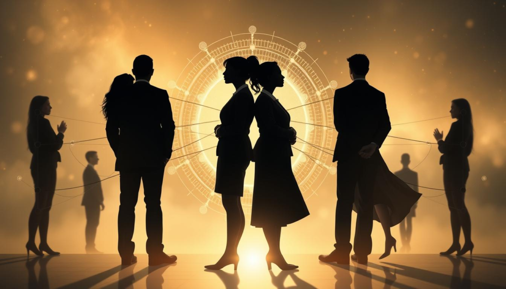 A serene and introspective illustration of relationship patterns, featuring a symmetrical design with interlocking circles representing various emotional connections. In the foreground, delicate silhouettes of diverse couples, dressed in professional business attire, stand back-to-back, with soft expressions that convey understanding. The middle ground shows flowing lines connecting the circles, symbolizing the complexities and dynamics of relationships. The background features a mistical celestial light with a golden aura, creating a warm and inviting atmosphere. The lighting is soft-focused, casting gentle shadows that enhance the depth of the image. The overall mood is contemplative, encouraging viewers to reflect on the foundations of relationships.