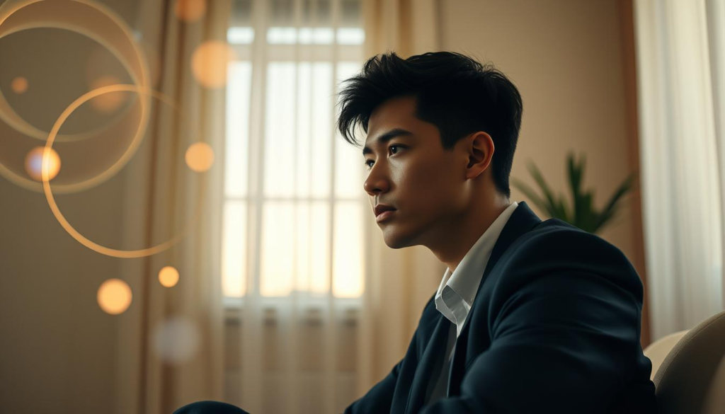 A serene and introspective scene depicting a person sitting in a softly lit room, surrounded by gentle, swirling patterns of light representing sensory stimuli. In the foreground, a young adult in professional business attire reflects contemplatively, their expression capturing deep thought and sensitivity. In the middle ground, abstract shapes and colors blend harmoniously, symbolizing heightened awareness of emotions and sensations. The background features a window with a soft, diffused light filtering through sheer curtains, creating a warm and inviting atmosphere. The overall mood is calm and thoughtful, emphasizing the beauty of sensitivity and emotional depth. Use a wide-angle lens to capture the entire scene, highlighting the interplay of light and shadows.