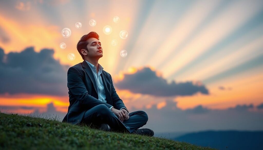 A serene and introspective scene illustrating "intuitive thinking." In the foreground, a well-dressed individual sits cross-legged on a soft, grassy hill, eyes closed in deep thought. The middle ground features glowing orbs of light representing thoughts and ideas swirling around the figure, illuminating their face with soft, golden hues. The background showcases a tranquil sunset, with vibrant oranges and purples blending into a calming blue sky. Gentle rays of sunlight pierce through fluffy clouds, casting a warm, inviting glow over the scene. The overall mood is peaceful yet contemplative, evoking a sense of inner exploration and clarity. Capture this moment with a soft focus lens, using natural lighting to enhance the ethereal quality. Aim for a dynamic composition that conveys the delicate balance between intuition and internal dialogue.