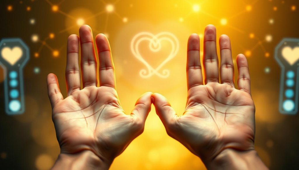 A serene and inviting scene depicting two hands holding palmistry charts, symbolizing love compatibility. In the foreground, focus on intricately detailed palms with visible lines, surrounded by soft, misty celestial light creating a golden aura. The middle ground features abstract representations of heart symbols and intertwining vines, suggesting emotional alignment and connection. In the background, a subtle blend of modern technology elements, like a digital interface overlaying sparkling constellations, merges with the ancient art of palmistry. Use soft focus for a dreamy effect, and capture the scene from a slightly elevated angle to enhance the symmetry. The overall mood should be harmonious and introspective, conveying a sense of wonder and exploration in love compatibility through palmistry.