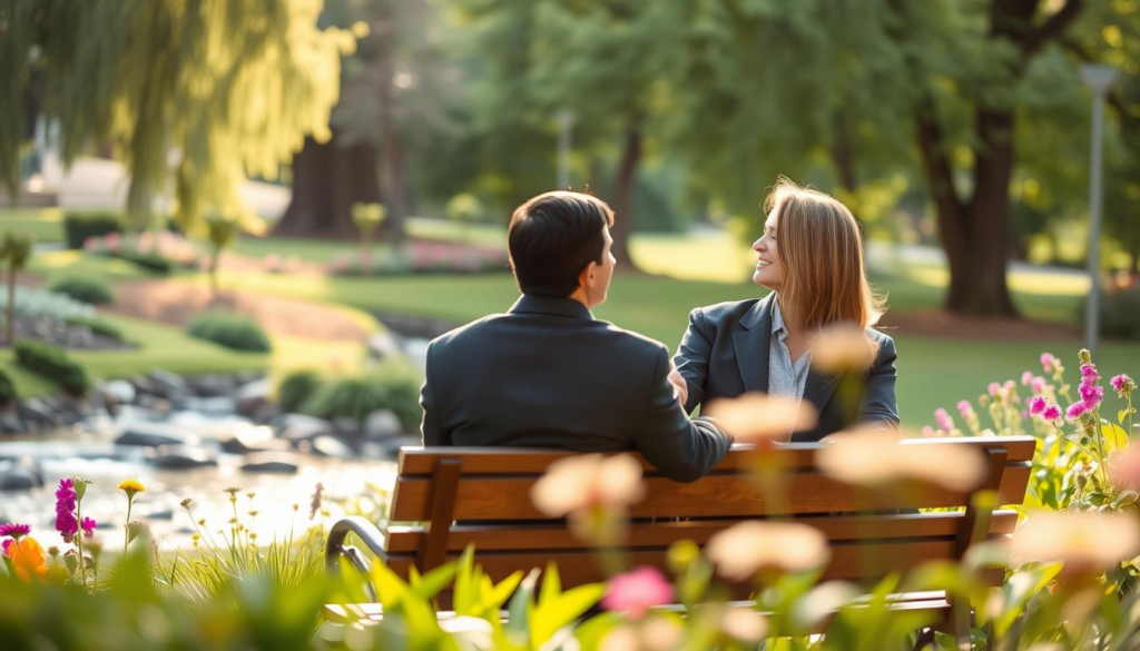 A serene and inviting scene depicting two individuals engaged in a meaningful conversation, symbolizing emotional alignment in a relationship. In the foreground, a man and woman, dressed in professional business attire, sit on a comfortable park bench, their body language open and attentive. The middle ground features lush greenery, vibrant flowers, and a gentle stream flowing nearby, suggesting harmony and tranquility. In the background, soft sunlight filters through the trees, creating a warm, golden glow that enhances the emotional connection between the subjects. The angle captures both individuals in profile, emphasizing their expressions of empathy and understanding. The overall mood is peaceful and uplifting, reflecting the effortless nature of a well-aligned relationship.
