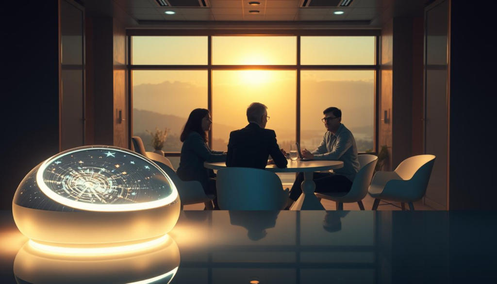 A serene and modern workspace that embodies the concept of "SoulMirror AI Integration." In the foreground, a sleek, high-tech device glows softly, its surface reflecting a mystical celestial light. The middle ground features a diverse group of individuals in professional business attire, engaging in thoughtful discussion, their expressions demonstrating emotional sensitivity. They are seated around a circular table, symbolizing unity and connection. In the background, a large window reveals a tranquil landscape, with a golden aura illuminating the room, enhancing the atmosphere of warmth and collaboration. The lighting is soft and ethereal, casting gentle shadows that create a peaceful mood. The image should have a symmetrical composition, with a subtle soft focus that conveys a sense of harmony between tradition and technology.