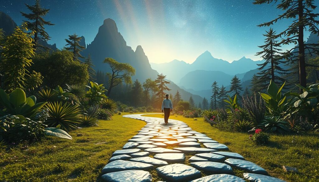A serene and mystical landscape illustrating a soul path journey. In the foreground, a winding pathway made of shimmering stones leads through lush greenery, softly illuminated by mystical celestial light. A figure dressed in modest, professional attire walks thoughtfully along the path, embodying introspection and purpose. The middle ground features diverse, vibrant flora that symbolizes growth and awakening, while gentle streams of light cascade down from the trees, creating a tranquil atmosphere. In the background, towering mountains rise under a vast, starry sky, accented by a glowing golden aura, reflecting a sense of wonder and enlightenment. The overall mood is peaceful and inspiring, captured in soft focus, with a symmetrical composition that draws the viewer into the image, evoking contemplation of one’s own soul journey.