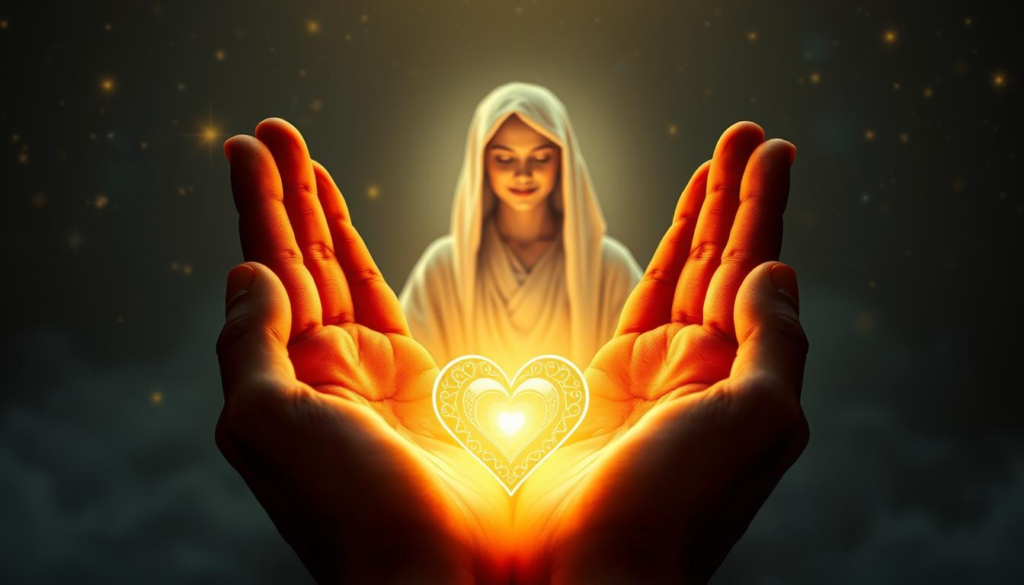 A serene and mystical representation of love personality traits illustrated through palmistry. In the foreground, a pair of hands gently cradles a glowing heart symbol, adorned with intricate palm lines highlighted in soft golden light. The middle layer features an ethereal figure, draped in flowing robes, their face radiating peace and wisdom, gazing at the hands with a knowing smile. In the background, a celestial night sky is filled with twinkling stars and a subtle, soft focus, creating a dreamy atmosphere. The image is bathed in a warm, inviting glow, emphasizing a sense of connection and understanding. Use soft lighting with a symmetrical composition, captured with a wide-angle lens to enhance the emotional depth and mystical aura surrounding the scene. A serene and mystical representation of love personality traits illustrated through palmistry. In the foreground, a pair of hands gently cradles a glowing heart symbol, adorned with intricate palm lines highlighted in soft golden light. The middle layer features an ethereal figure, draped in flowing robes, their face radiating peace and wisdom, gazing at the hands with a knowing smile. In the background, a celestial night sky is filled with twinkling stars and a subtle, soft focus, creating a dreamy atmosphere. The image is bathed in a warm, inviting glow, emphasizing a sense of connection and understanding. Use soft lighting with a symmetrical composition, captured with a wide-angle lens to enhance the emotional depth and mystical aura surrounding the scene.