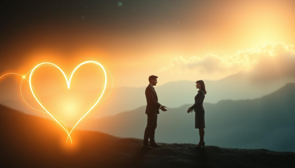 A serene and mystical representation of the heart line, symbolizing emotional openness. In the foreground, a delicate, flowing heart line drawn in golden light, intricately weaving through a soft, glowing aura. The middle layer features a gentle, ethereal landscape with abstract silhouettes of human figures in professional business attire, standing hand in hand, gazing at the heart line with expressions of understanding and connection. The background is a soft-focus celestial sky filled with shimmering stars and a hint of mist, creating a tranquil atmosphere. Utilize soft, diffused lighting to enhance the warm golden hues, capturing a sense of harmony and emotional depth. The entire composition should evoke feelings of openness, vulnerability, and the richness of love styles. A serene and mystical representation of the heart line, symbolizing emotional openness. In the foreground, a delicate, flowing heart line drawn in golden light, intricately weaving through a soft, glowing aura. The middle layer features a gentle, ethereal landscape with abstract silhouettes of human figures in professional business attire, standing hand in hand, gazing at the heart line with expressions of understanding and connection. The background is a soft-focus celestial sky filled with shimmering stars and a hint of mist, creating a tranquil atmosphere. Utilize soft, diffused lighting to enhance the warm golden hues, capturing a sense of harmony and emotional depth. The entire composition should evoke feelings of openness, vulnerability, and the richness of love styles.