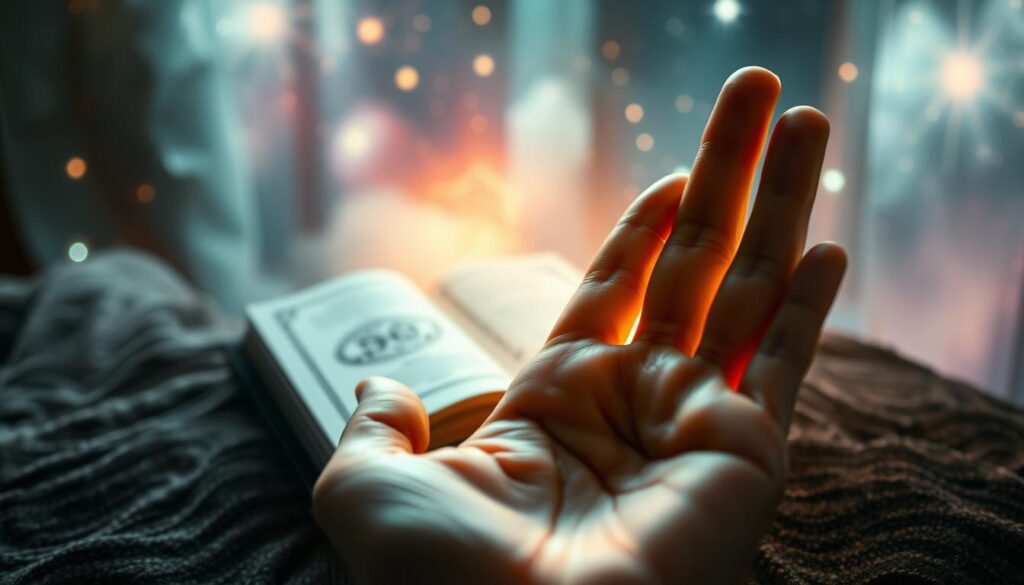 A serene and mystical scene depicting an elegant hand being read for palmistry. In the foreground, a close-up view of an open palm reveals intricate lines and patterns, softly illuminated by a golden aura. The middle ground features an ethereal, dreamlike book of palmistry symbols resting on a velvet surface, surrounded by gentle, swirling mist. The background is a blurred celestial landscape with twinkling stars and soft pastel colors, evoking a sense of destiny and personal evolution. The overall lighting is soft and radiant, casting an enchanting glow, with a symmetrical composition that invites contemplation. The atmosphere is both tranquil and inspiring, suggesting a journey of self-discovery and insight into one's life path.