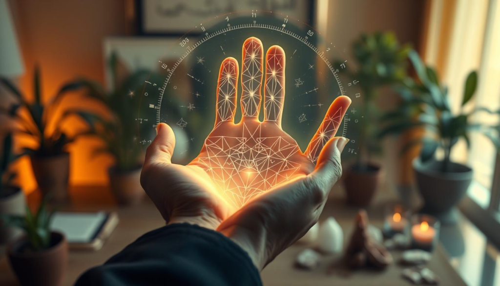 A serene and mystical scene featuring a pair of hands gently poised over a luminous SoulMirror, which reflects intricate palmistry lines illuminated by soft, celestial light. In the foreground, the hands are clad in professional attire, elegantly conveying a sense of wisdom and professionalism. Surrounding the SoulMirror, subtle holographic representations of AI data flow elegantly, merging traditional palmistry with modern technology. The middle ground showcases a softly blurred, tranquil workspace filled with plants and crystals, amplifying the atmosphere of emotional energy and relationship dynamics. The background is softly lit with a golden aura, enhancing the ethereal quality of the scene. The overall mood is contemplative and harmonious, inviting viewers into a space where tradition meets innovation.