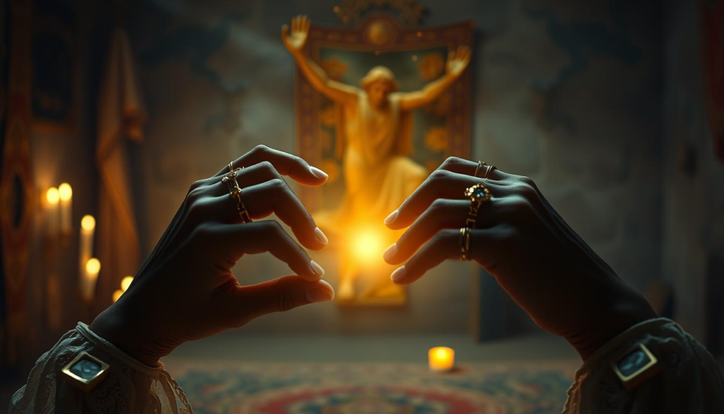 A serene and mystical scene of palm reading, featuring a close-up of a pair of hands gently holding a palm, set against a softly lit background. The hands should be adorned with elegant rings, reflecting a golden aura. Surrounding them, a soft focus of mystical celestial light creates an ethereal atmosphere. In the background, hints of an ancient, dimly lit room can be seen, with subtle decorations like hanging tapestries and a low, glowing candle. The overall mood is tranquil and introspective, evoking a sense of ancient wisdom and the exploration of subconscious patterns. The composition should be symmetrical, with no distortion, emphasizing the art of palm reading as a gateway to understanding love choices. A serene and mystical scene of palm reading, featuring a close-up of a pair of hands gently holding a palm, set against a softly lit background. The hands should be adorned with elegant rings, reflecting a golden aura. Surrounding them, a soft focus of mystical celestial light creates an ethereal atmosphere. In the background, hints of an ancient, dimly lit room can be seen, with subtle decorations like hanging tapestries and a low, glowing candle. The overall mood is tranquil and introspective, evoking a sense of ancient wisdom and the exploration of subconscious patterns. The composition should be symmetrical, with no distortion, emphasizing the art of palm reading as a gateway to understanding love choices.