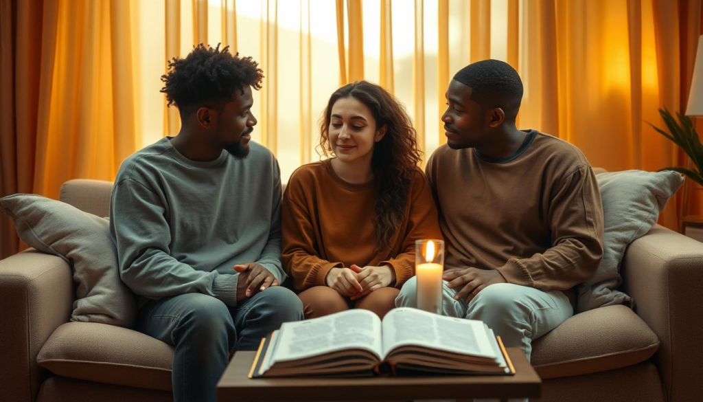 A serene and warm scene depicting emotional openness in a cozy, intimate setting. In the foreground, a diverse group of three people, dressed in modest casual clothing, are engaged in a heartfelt conversation, their facial expressions reflecting trust and vulnerability. The middle ground features soft cushions and a small coffee table, adorned with an open journal and a gentle candlelight flickering, creating a warm atmosphere. The background is softly blurred, showcasing a warm-toned room with golden curtains allowing mistical celestial light to filter through, casting a golden aura around the group. The overall mood is tranquil and inviting, with soft focus and symmetrical composition, emphasizing connection and emotional intimacy between the subjects.