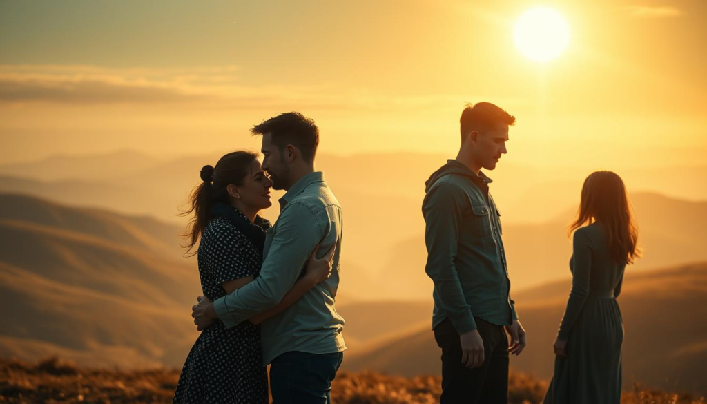 A serene, artistic representation of attachment styles in relationships, showcasing four distinct pairs of individuals, each embodying a different attachment style. In the foreground, a secure couple shares a warm embrace, radiating comfort and trust. In the middle ground, an anxious partner looks intently at their significant other, conveying longing and connection, while an avoidant couple stands apart, depicting emotional distance. In the background, a harmonious landscape of soft, rolling hills under a mistical celestial light, with a golden aura illuminating the scene. The atmosphere is reflective and calm, with soft focus to enhance the emotional depth. The image is captured from a slightly elevated angle, creating a sense of inclusivity while emphasizing the dynamics of each attachment style in a relationship setting.