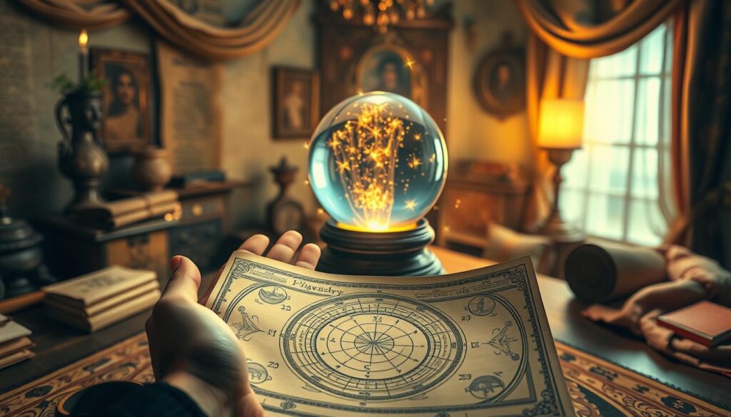 A serene composition showcasing the ancient art of palmistry. In the foreground, a pair of hands delicately holding an intricately designed palmistry chart, complete with lines and symbols representing life themes and destiny. The middle layer features a mystical crystal ball emanating a soft, golden aura, reflecting celestial lights that evoke a whimsical atmosphere. In the background, a softly illuminated room adorned with vintage decor, ancient scrolls, and soft fabrics, enhancing the feeling of mystery and tradition. The lighting is ethereal with a gentle focus, casting a warm glow that envelops the scene, creating a harmonious and inviting mood. The image should exclude any distractions such as text or watermarks, presenting the art of palmistry in its purest form. A serene composition showcasing the ancient art of palmistry. In the foreground, a pair of hands delicately holding an intricately designed palmistry chart, complete with lines and symbols representing life themes and destiny. The middle layer features a mystical crystal ball emanating a soft, golden aura, reflecting celestial lights that evoke a whimsical atmosphere. In the background, a softly illuminated room adorned with vintage decor, ancient scrolls, and soft fabrics, enhancing the feeling of mystery and tradition. The lighting is ethereal with a gentle focus, casting a warm glow that envelops the scene, creating a harmonious and inviting mood. The image should exclude any distractions such as text or watermarks, presenting the art of palmistry in its purest form.