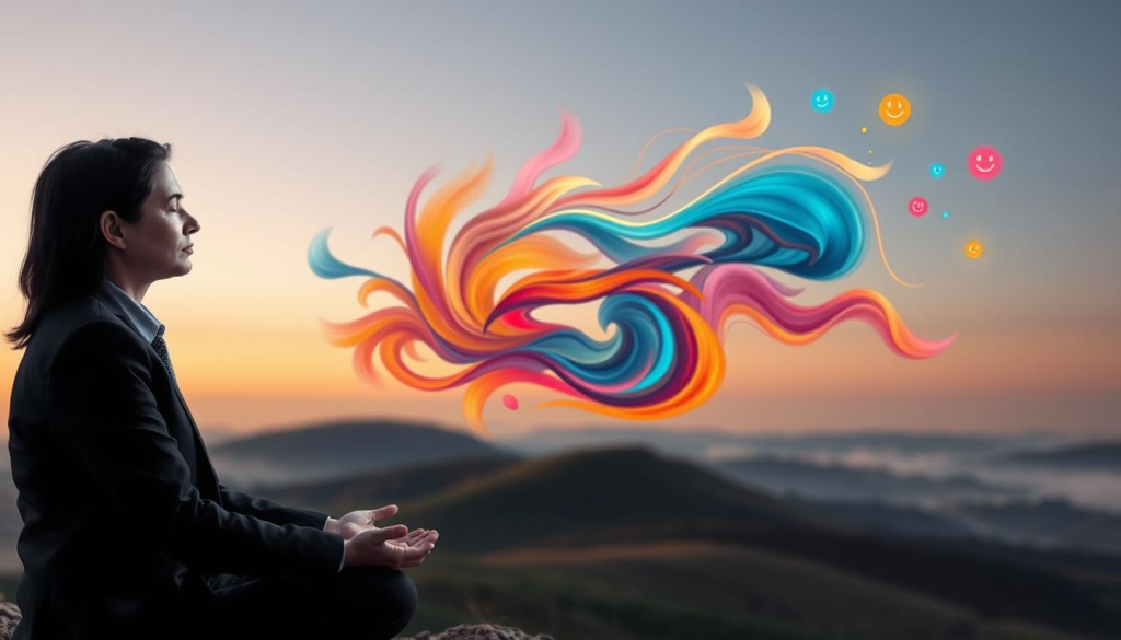 A serene, contemplative scene depicting emotional intelligence as a vibrant, abstract concept. In the foreground, a person in professional business attire meditates, their expression calm and introspective, symbolizing self-awareness. The middle layer features a swirling tapestry of colors and shapes representing emotions—soft blues for calmness, intense reds for anger, and warm yellows for happiness—blending harmoniously to illustrate the interplay of feelings. In the background, an ethereal landscape embodies a journey, with gentle hills and a horizon that suggests growth and understanding. The scene is illuminated with soft, diffused lighting, creating a tranquil atmosphere. The perspective is slightly elevated, capturing both the individual and the emotional landscape, inviting the viewer to explore the depths of emotional patterns and their origins.