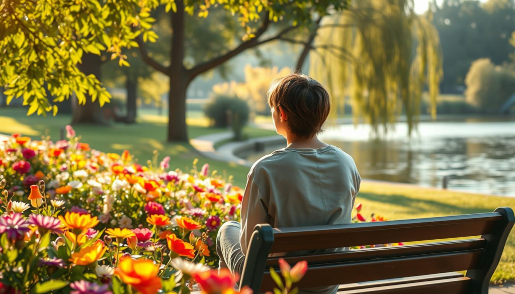 A serene, contemplative scene depicting the experience of a highly sensitive person. In the foreground, a young adult, dressed in modest casual clothing, sits on a park bench, gazing thoughtfully at a blooming garden filled with colorful flowers, symbolizing emotional depth. The middle ground features soft, gentle sunlight filtering through the leaves of nearby trees, creating dappled shadows that evoke a sense of tranquility. The background showcases a peaceful pond with willows gently swaying in the breeze, reflecting the calmness of the environment. The overall atmosphere is one of introspection and sensitivity, capturing the beauty and complexity of heightened emotional experiences. Use warm, soft lighting to enhance the mood, with a shallow depth of field to emphasize the subject.