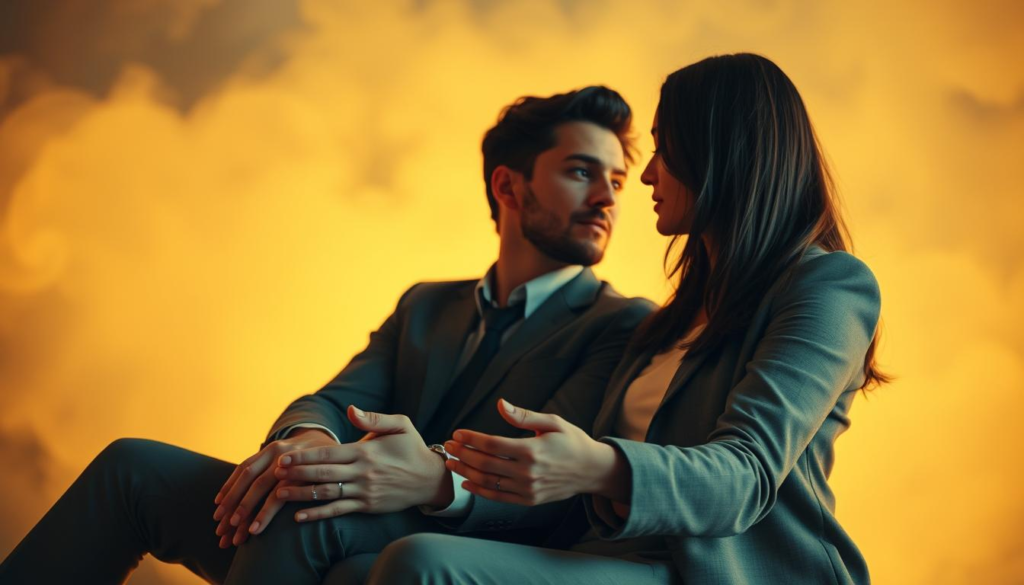 A serene couple sits closely together in a softly lit environment, embodying deep emotional connection and sensitivity. The foreground features their hands gently touching, radiating warmth and trust. In the middle ground, the couple gazes into each other's eyes, their expressions reflecting empathy and understanding, wearing professional business attire. The background showcases a mistical celestial light, creating an ethereal atmosphere filled with a golden aura. The soft focus enhances the emotional depth of the scene, while the symmetrical composition draws attention to the couple's bond. Capture this intimate moment from a slightly elevated angle, imbuing the image with a sense of tranquility and harmony in relationships. A serene couple sits closely together in a softly lit environment, embodying deep emotional connection and sensitivity. The foreground features their hands gently touching, radiating warmth and trust. In the middle ground, the couple gazes into each other's eyes, their expressions reflecting empathy and understanding, wearing professional business attire. The background showcases a mistical celestial light, creating an ethereal atmosphere filled with a golden aura. The soft focus enhances the emotional depth of the scene, while the symmetrical composition draws attention to the couple's bond. Capture this intimate moment from a slightly elevated angle, imbuing the image with a sense of tranquility and harmony in relationships.