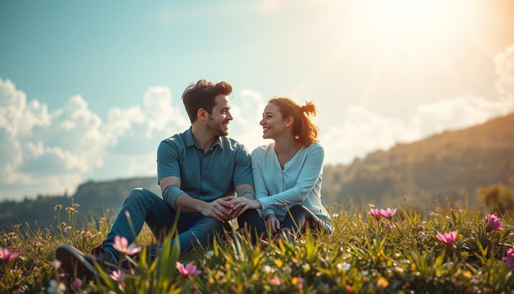 A serene couple sitting comfortably on a grassy hillside, radiating warmth and connection, embodying the essence of secure attachment style. In the foreground, the couple, dressed in modest casual clothing, gazes into each other’s eyes with soft smiles, their hands gently intertwined. In the middle ground, a lush landscape of blooming flowers and vibrant greenery adds a sense of peace and stability. The background features a bright blue sky with fluffy white clouds, illuminated by mystical celestial light, casting a golden aura around the scene. The image captures a soft focus, ensuring the couple stands out as the focal point, while the overall atmosphere is warm, inviting, and harmonious, reflecting deep emotional security and trust.