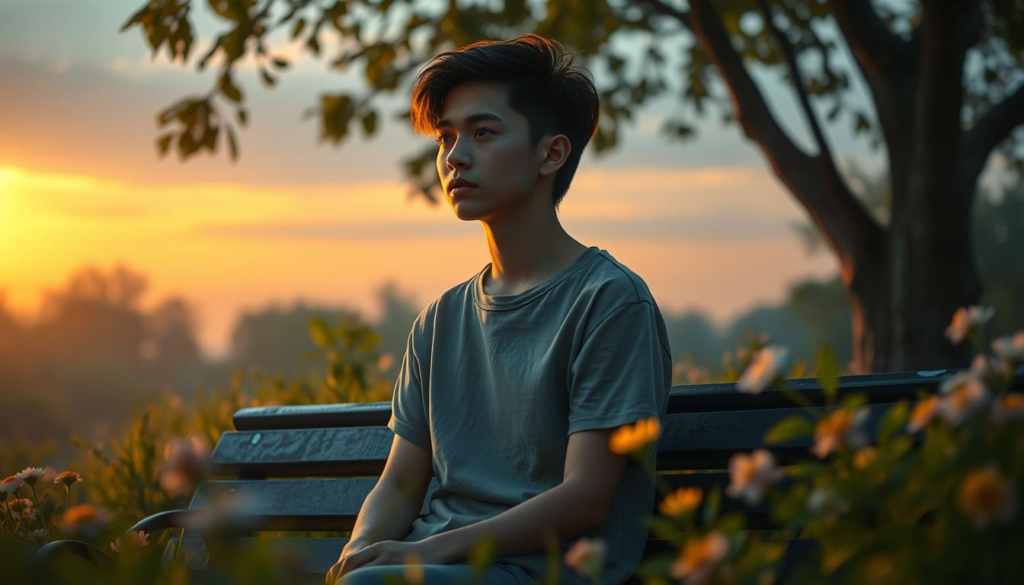 A serene, emotional scene depicting a figure sitting on a park bench, dressed in modest casual clothing, looking pensively into the distance with a contemplative expression. The foreground features soft, golden light illuminating the figure's face, highlighting the vulnerability in their eyes. In the middle ground, lush greenery and delicate flowers frame the scene, symbolizing growth and healing. The background reveals a fading sunset with mistical celestial light enhancing the atmosphere, creating a dreamy, introspective mood. The overall composition is symmetrical and softly focused, capturing the essence of emotional vulnerability and the complex feelings surrounding intimacy, all wrapped in a warm golden aura. A serene, emotional scene depicting a figure sitting on a park bench, dressed in modest casual clothing, looking pensively into the distance with a contemplative expression. The foreground features soft, golden light illuminating the figure's face, highlighting the vulnerability in their eyes. In the middle ground, lush greenery and delicate flowers frame the scene, symbolizing growth and healing. The background reveals a fading sunset with mistical celestial light enhancing the atmosphere, creating a dreamy, introspective mood. The overall composition is symmetrical and softly focused, capturing the essence of emotional vulnerability and the complex feelings surrounding intimacy, all wrapped in a warm golden aura.