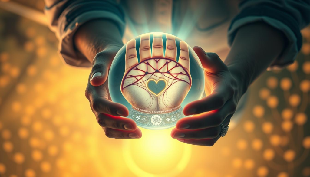 A serene, enchanting scene focused on a pair of hands delicately holding a crystal ball, revealing intricate palmistry lines illuminated by a soft, mystical celestial light. In the foreground, the hands are adorned with elegant rings, dressed in modest casual clothing, exuding a sense of wisdom and calm. The middle ground features symbolic imagery representing love personality traits, such as hearts and astrological symbols, artistically interwoven around the base of the crystal ball. In the background, a lush, dreamy landscape of soft pastels creates a warm, inviting atmosphere, enhanced by a golden aura that glows softly. The lighting is ethereal, with a soft focus that adds a magical quality, evoking a deeper connection to Eastern traditions harmoniously merging with modern insights. The angle is slightly elevated, looking down gently upon the scene, giving it an air of exploration and discovery.