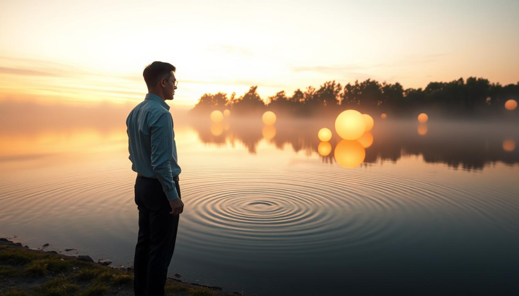 A serene, ethereal scene depicting a thoughtful figure standing at the edge of a tranquil lake at sunset, surrounded by softly glowing orbs of light reflecting the colors of the sky. In the foreground, the figure, dressed in professional business attire, gazes pensively at the water, embodying the essence of emotional intuition. The middle ground features gentle ripples radiating outwards from the figure's reflection, symbolizing the connection between emotion and thought. The background showcases lush trees merging with soft fog, creating a dreamlike atmosphere. The lighting is warm and golden, casting gentle shadows and enhancing the mood of introspection. A wide-angle view captures the expansive sky, filled with pastel hues, inviting contemplation and embodying the concept of feeling before thinking.