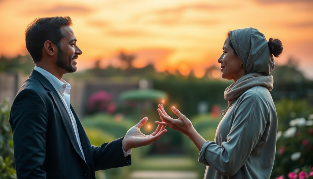 A serene, ethereal scene depicting emotional alignment between two individuals engaged in a deep conversation. In the foreground, a diverse pair of people, a man in a smart business suit and a woman in modest casual attire, stand facing each other, their expressions reflecting understanding and empathy. Their hands are gently reaching towards one another, with subtle glowing energy symbols radiating from their fingertips, signifying connection. In the middle ground, a soft, blurred garden setting with lush greenery and flowers, creating a peaceful, inviting atmosphere. The background features a twilight sky painted in warm hues of orange and purple, symbolizing harmony and emotional depth. The overall lighting is soft and diffused, enhancing the feeling of warmth and intimacy, with the focus on the emotional exchange being the centerpiece.