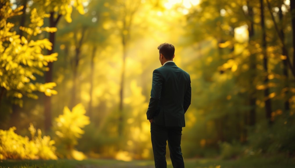 A serene, ethereal scene depicting two human figures standing at a distance in a soft, dreamy forest glade, embodying unconscious energy recognition. The foreground features the individuals, dressed in modest business attire, with a gentle, mutual gaze that suggests an unspoken connection. The middle ground has a blurred interaction of light rays shimmering around them, symbolizing the unseen energy between their auras. The background includes lush, vibrant foliage illuminated by golden sunlight filtering through the trees, creating a tranquil, inviting atmosphere. The overall mood should be warm and introspective, capturing a sense of emotional depth and attraction. Use soft focus and warm tones, reminiscent of a wide-angle lens, to enhance the feeling of closeness despite the physical distance. A serene, ethereal scene depicting two human figures standing at a distance in a soft, dreamy forest glade, embodying unconscious energy recognition. The foreground features the individuals, dressed in modest business attire, with a gentle, mutual gaze that suggests an unspoken connection. The middle ground has a blurred interaction of light rays shimmering around them, symbolizing the unseen energy between their auras. The background includes lush, vibrant foliage illuminated by golden sunlight filtering through the trees, creating a tranquil, inviting atmosphere. The overall mood should be warm and introspective, capturing a sense of emotional depth and attraction. Use soft focus and warm tones, reminiscent of a wide-angle lens, to enhance the feeling of closeness despite the physical distance.
