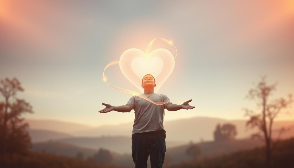 A serene, ethereal scene symbolizing "emotional intuition." In the foreground, a figure in modest casual clothing stands with eyes closed, arms gently extended, surrounded by a soft golden aura that emanates mystical celestial light. The middle layer features delicate, swirling colors that blend seamlessly into shapes resembling hearts and waves, representing emotional sensitivity. The background is a dreamlike landscape with soft-focus trees and gentle hills that fade into a warm, luminescent sky, casting a soft glow over the entire scene. The atmosphere is calm and introspective, illuminated by subtle light sources that create depth and warmth. The composition is symmetrical, capturing a sense of balance and harmony, inviting the viewer to contemplate emotional awareness and connection.