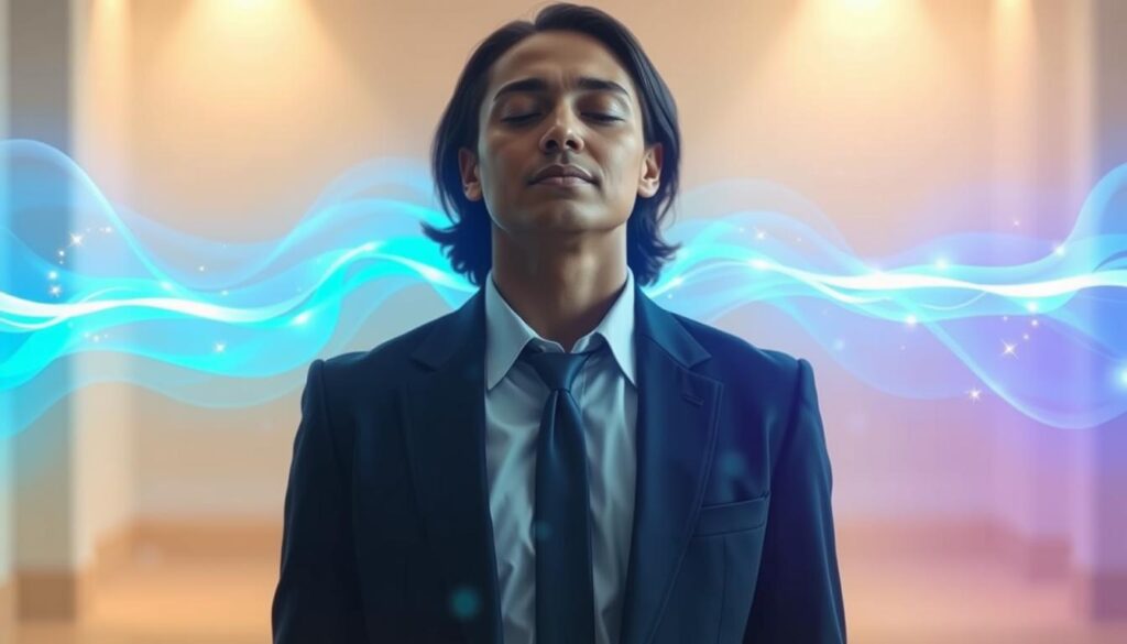 A serene, focused individual stands confidently in a softly illuminated room, dressed in professional business attire. The foreground showcases the person with their eyes closed, exuding calmness and grace. Surrounding them is a vibrant energy field, depicted in glowing, ethereal colors—blues, greens, and purples swirling gently around their body, representing different layers of energy. In the middle ground, hints of light particles sparkle like stars, adding depth to the energy field. The background features softly blurred, warm lighting that enhances the feeling of a welcoming environment. The overall mood is one of tranquility, empowerment, and an inviting presence, capturing the essence of energetic communication in everyday interactions.