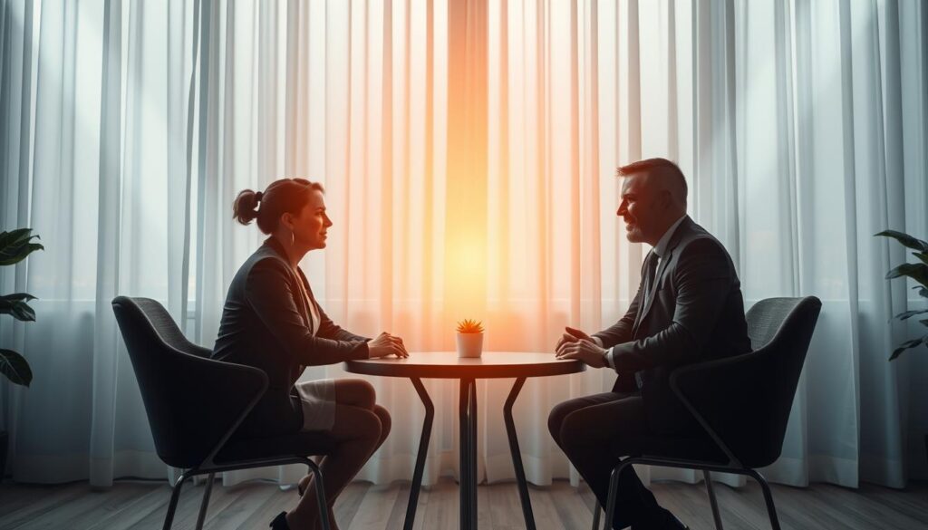 A serene indoor scene illustrating the concept of building trust in relationships. In the foreground, two individuals—one man and one woman, both in professional business attire—are sitting across from each other at a small round table, engaged in a heartfelt conversation, their body language open and warm. In the middle, a warm golden aura radiates between them, symbolizing the trust and emotional intimacy being built. The background features a softly lit room with gentle, misty celestial light filtering through sheer curtains, creating a tranquil atmosphere. The composition is symmetrical and softly focused, evoking feelings of calmness and connection, as beams of light enhance the sense of trust being established.