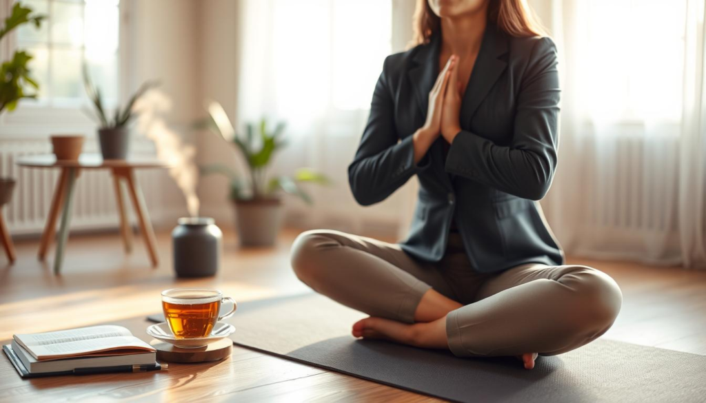 A serene indoor scene showcasing various anxiety relief techniques. In the foreground, a person in professional business attire sits cross-legged on a yoga mat, practicing deep breathing with a calm expression. To the left, a small table holds a journal and a cup of herbal tea, symbolizing mindfulness and reflection. In the middle ground, a soft-focus image of a plant and a gentle diffuser emitting a calming mist creates a soothing atmosphere. The background features warm, natural light streaming through a window, casting soft shadows and enhancing the tranquil ambiance. The overall mood is peaceful and grounding, inviting the viewer to explore the techniques of anxiety relief, emphasizing clarity and calm.