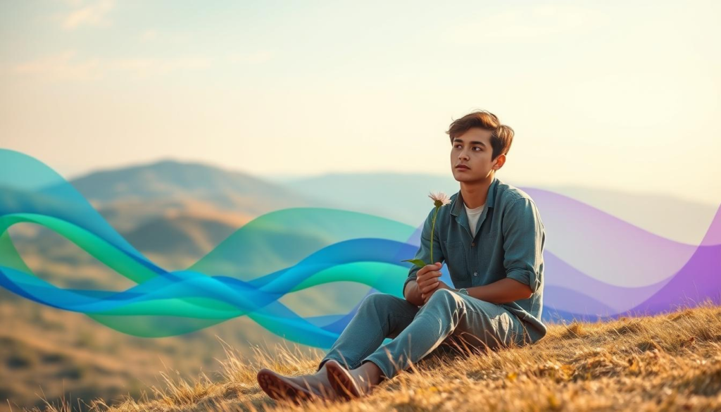 A serene, introspective scene capturing the essence of a highly sensitive person. In the foreground, a pensive young adult, dressed in modest casual clothing, sits on a soft, grassy hill, holding a delicate flower, symbolizing sensitivity. Their expression reflects contemplation, with soft sunlight illuminating their features. In the middle ground, gentle waves of vibrant colors flow around them, representing emotions and deep feelings—hues of blue, green, and lavender blend harmoniously. In the background, a tranquil landscape of softly rolling hills and a clear sky overhead enhances the dreamy atmosphere. The lighting is warm and inviting, casting elongated shadows that evoke peace and reflection. The overall mood is calm and contemplative, emphasizing the beauty in the nuances of sensitivity.