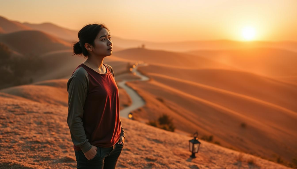 A serene landscape at dawn, reflecting the essence of intuition. In the foreground, a figure in modest casual attire stands on a gentle hill, gazing thoughtfully toward the horizon. Their expression is calm and contemplative. In the middle ground, a winding path lined with glowing lanterns symbolizes the journey of inner wisdom. The background features soft, rolling hills bathed in a warm golden light as the sun rises, casting a peaceful glow. Wisps of ethereal light swirl around the figure, representing intuitive thoughts. The atmosphere is tranquil and enlightening, evoking a sense of clarity and self-discovery. The image should be captured with a wide-angle lens to emphasize the expansive landscape and intricate details, creating a harmonious balance between nature and introspection.
