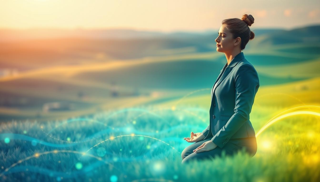 A serene landscape depicting a vibrant energy field visible in various hues of blue, green, and gold. In the foreground, a calm figure in professional business attire appears to be meditating, surrounded by a soft glow that represents grounding energy. The middle layer features abstract waves of energy pulsating outward, symbolizing the invisible forces that shape daily experiences. In the background, a tranquil nature scene unfolds with gentle hills and a clear sky, enhancing the overall sense of peace and stability. Warm, soft lighting casts a soothing atmosphere, while a slightly blurred depth of field focuses attention on the meditating figure. This composition conveys a feeling of harmony and connection to the earth, illustrating the essence of energy recognition.
