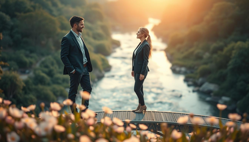 A serene landscape depicting two individuals standing on a bridge that symbolizes connection, facing each other with warm expressions, reflecting personal growth in their relationship. The foreground features delicate flowers blooming at the base of the bridge, representing new beginnings. In the middle, the individuals are dressed in professional business attire, exuding confidence and openness, with soft celestial light illuminating their faces. The background showcases a tranquil river flowing gently, flanked by lush greenery under a soft focus, creating a harmonious atmosphere. The scene is bathed in a golden aura, enhancing the feeling of warmth and positivity. The angle captures a slightly elevated view of the bridge, enhancing the sense of connection and depth in the relationship.