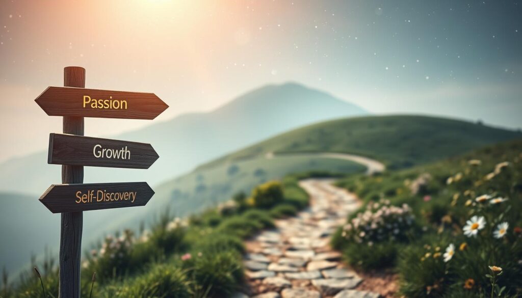 A serene landscape depicting various life purpose signs scattered along a winding path. In the foreground, a wooden signpost points in different directions, each direction labeled with concepts like "Passion," "Growth," "Service," and "Self-Discovery," all glowing softly with a golden aura. The middle ground features lush greenery and blooming flowers, symbolizing personal evolution and potential. In the background, a gentle hill rises beneath a clear, starry sky with mistical celestial light that bathes the scene in a warm, inviting glow. The atmosphere feels uplifting and contemplative, inviting viewers to reflect on their life paths. Soft focus with a subtle lens flare adds to the ethereal quality, ensuring a harmonious and balanced composition without any text or distractions.