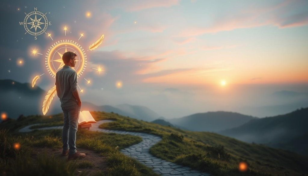 A serene landscape illustrating "life purpose signs" enveloped in mystical celestial light. In the foreground, a person dressed in modest casual clothing stands contemplatively on a winding path, surrounded by ethereal symbols like a compass, an open book, and glowing feathers, each radiating a soft golden aura. The middle ground showcases lush greenery and gentle hills, creating a harmonious balance, while the background features a tranquil sky painted with pastel hues, hinting at sunrise or sunset. The scene is softly focused, emphasizing the sense of introspection and inner direction, inviting viewers to explore their own life purpose. The lighting is warm and inviting, casting a surreal glow, enhancing the overall mood of peace and enlightenment.