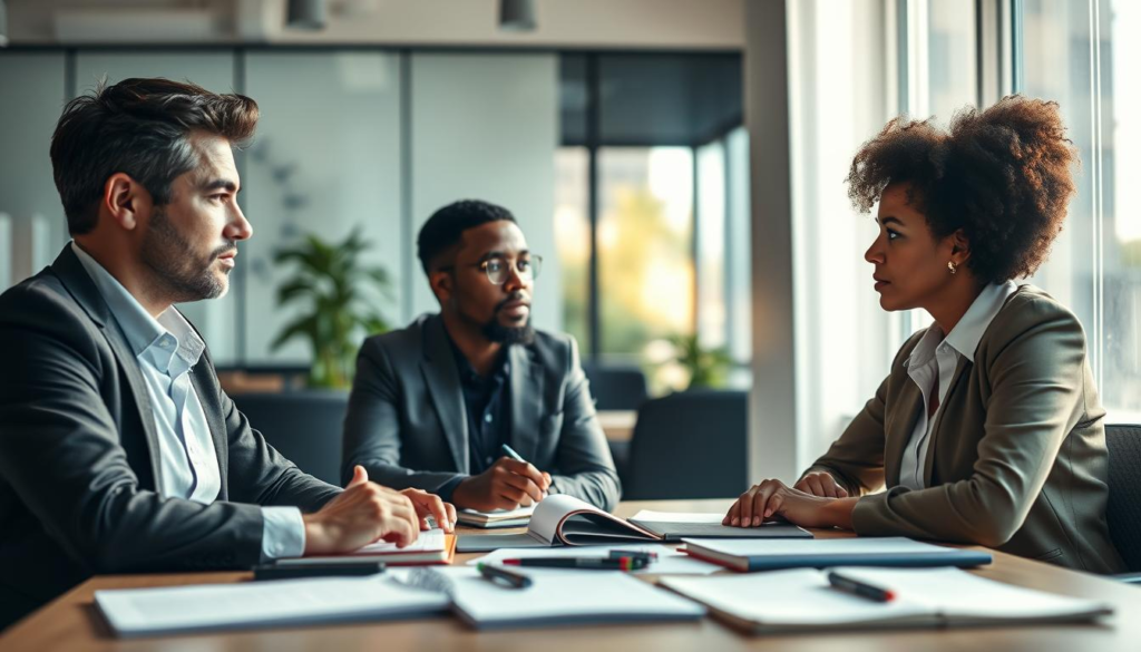 A serene office environment showcasing two diverse business professionals seated at a table, engaged in a deep, meaningful conversation. The foreground features their expressive faces, reflecting a mix of curiosity and understanding, with subtle emotions radiating from them in vibrant colors, symbolizing emotional energy. The middle ground shows the table cluttered with open notebooks, pens, and a laptop, representing collaboration. In the background, a soft-focus window reveals a sunny day, creating a warm, inviting atmosphere with rays of light filtering in, casting an ethereal glow on the scene. The overall mood is one of connection and openness, emphasizing the theme of emotional alignment, with a slight lens vignette effect to highlight the subjects' interaction.