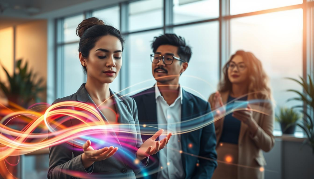 A serene office environment with an ethereal glow, showcasing a diverse group of individuals engaged in intuitive energy reading. In the foreground, a focused woman in professional attire gently holds her hands in a meditative pose, surrounded by swirling colorful light waves that represent energy. In the middle ground, two colleagues—an Asian man and a Black woman—share insights, their expressions displaying wonder and curiosity, while soft beams of light illuminate their faces. The background features large windows with soft sunlight filtering through, casting a warm and inviting ambiance. The overall mood is one of exploration and understanding, with a hint of mystery, conveying the science behind the unseen energies that connect us all.