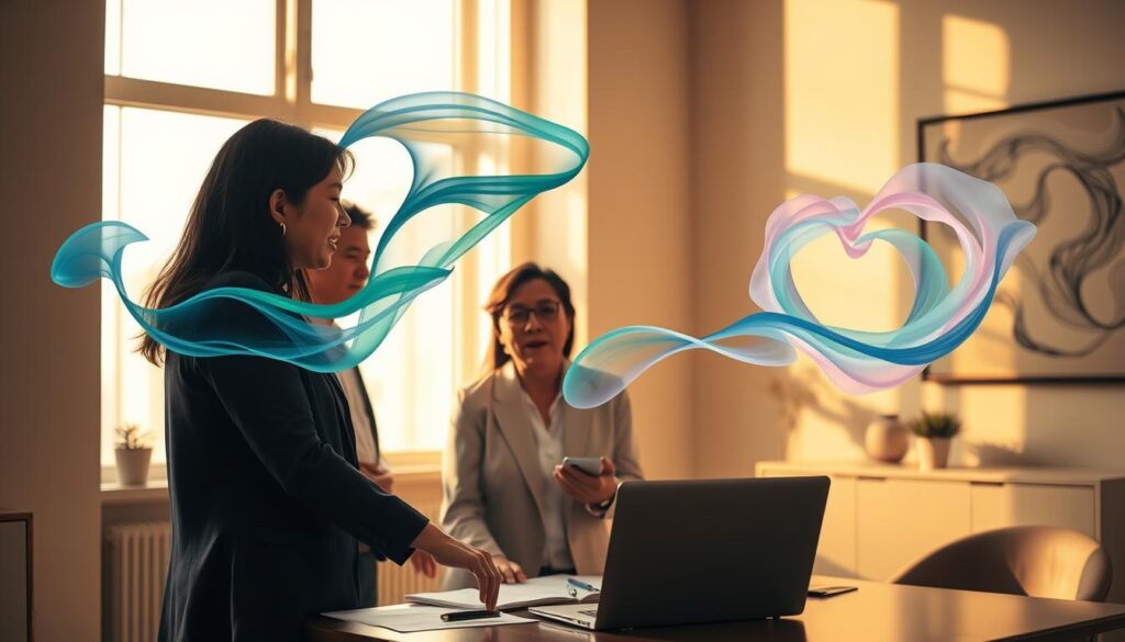A serene office setting bathed in warm, golden sunlight filtering through large windows, casting soft shadows. In the foreground, a diverse group of professionals, including a woman of Asian descent and a man of African descent, dressed in modest business attire, are engaged in an animated discussion around a table covered with documents and a laptop, their expressions reflecting curiosity and connection. In the middle-ground, abstract representations of swirling emotions—a blend of blues, greens, and soft pinks—float around them, symbolizing the underlying emotional currents influencing their thoughts. In the background, a framed art piece depicting flowing lines and patterns suggests the complexity of emotional health. The overall mood is uplifting, inviting, and reflective, emphasizing the connection between emotions and logical thought processes.