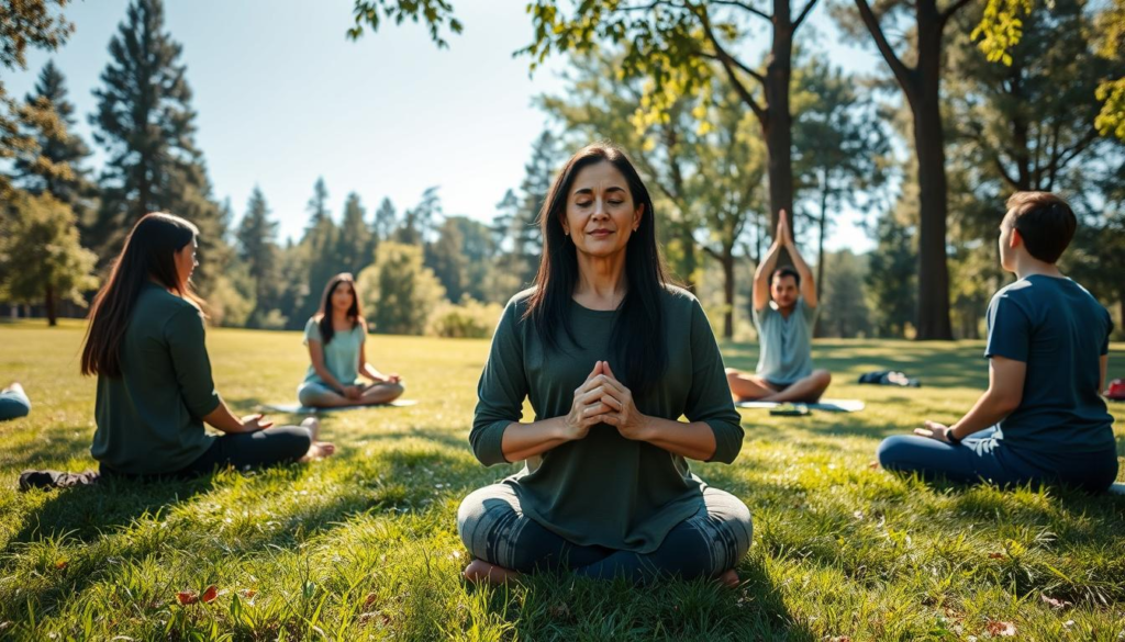 A serene outdoor scene depicting the concept of grounding, with a diverse group of people dressed in modest casual clothing, sitting peacefully on a lush green grassy area. In the foreground, a middle-aged woman with long dark hair practices meditation, her hands resting on her knees, embodying tranquility. In the middle ground, a young man performs gentle yoga poses, emphasizing balance and connection to the earth. In the background, tall trees and a clear blue sky create a sense of openness and freedom. Soft sunlight filters through the leaves, creating a warm, inviting atmosphere. The composition should evoke a feeling of stability, calmness, and energetic connection to nature, using a wide-angle lens to capture the expansive beauty of the landscape.