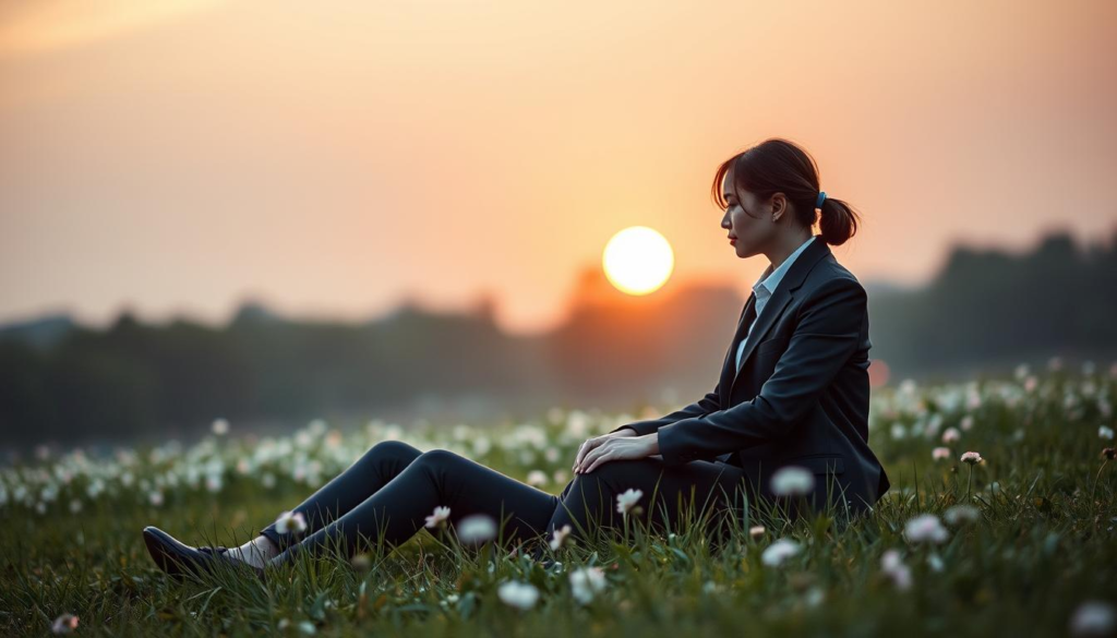 A serene outdoor setting depicting two individuals seated on a lush grass field, embodying the essence of romantic compatibility. In the foreground, a couple dressed in professional business attire exudes warmth, their gazes interlocked with a sense of emotional balance and connection. The middle ground features delicate flowers in soft pastel hues, symbolizing harmony and growth. The background showcases a softly blurred sunset, casting a mystical celestial light and a golden aura around the scene. The atmosphere is calm and inviting, enhanced by warm lighting that creates a gentle, soft focus, perfectly capturing the essence of romantic compatibility and emotional resonance in their body language and expressions.