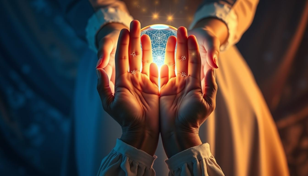 A serene palmistry scene depicting a pair of hands gently holding a mystical crystal ball. In the foreground, the hands, dressed in elegant, modest attire, reveal intricately drawn palm lines highlighted with a soft, golden aura. The middle ground features celestial symbols and subtle, swirling wisps of light that illuminate the palms, creating a sense of connection and harmony. In the background, a softly blurred tapestry of deep blues and purples enhances the mystical atmosphere, suggesting a universe of love and emotional alignment. The lighting is warm and inviting, casting a gentle glow, while the composition maintains a symmetrical balance, drawing the viewer's focus to the art of palm reading and its significance in understanding love compatibility.
