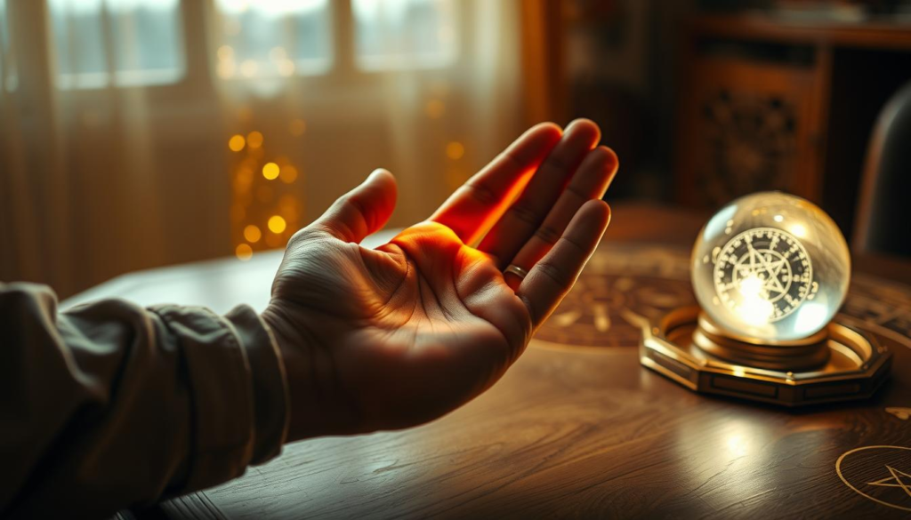 A serene palmistry scene illustrating the connection between tradition and technology, featuring a close-up view of a gently illuminated hand with intricate palm lines. The hand, clad in modest casual clothing, rests on an elegant wooden table adorned with astrological symbols and a softly glowing crystal ball. In the background, a warm golden aura envelops the setting, casting a mystic celestial light that enhances the sense of emotional attachment and spiritual insight. The atmosphere is tranquil and inviting, with soft focus lending a dreamlike quality. The lighting should be soft yet ethereal, reminiscent of twilight, and the composition should be symmetrical, emphasizing balance and harmony. The overall mood is one of introspection and discovery, inviting viewers to explore the depths of relationships through this ancient practice. A serene palmistry scene illustrating the connection between tradition and technology, featuring a close-up view of a gently illuminated hand with intricate palm lines. The hand, clad in modest casual clothing, rests on an elegant wooden table adorned with astrological symbols and a softly glowing crystal ball. In the background, a warm golden aura envelops the setting, casting a mystic celestial light that enhances the sense of emotional attachment and spiritual insight. The atmosphere is tranquil and inviting, with soft focus lending a dreamlike quality. The lighting should be soft yet ethereal, reminiscent of twilight, and the composition should be symmetrical, emphasizing balance and harmony. The overall mood is one of introspection and discovery, inviting viewers to explore the depths of relationships through this ancient practice.