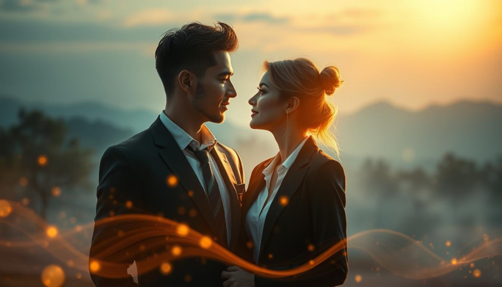 A serene scene capturing the emotional energy in relationships, focusing on two individuals in the foreground. They stand close together, gazing into each other's eyes, dressed in professional business attire, exuding warmth and connection. Surrounding them, delicate shimmering light creates a golden aura that symbolizes emotional energy, softly illuminating their faces. In the middle ground, abstract representations of gentle waves or flowing energy intertwine, conveying the dynamics of their bond. The background features a dreamy, misty landscape with soft-focus trees and a gradient sky transitioning from deep blue to soft gold, enhancing the tranquil and intimate atmosphere. Use soft, symmetrical lighting to evoke a sense of harmony and peace. The composition should have a warm, nurturing feel, highlighting the profound connection between the two figures.