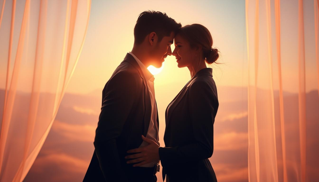 A serene scene capturing the essence of romantic compatibility, with two individuals standing closely together in the foreground, both dressed in professional business attire, exuding warmth and understanding. Their body language is open and inviting, reflecting a strong emotional connection. In the middle ground, a mystical celestial light bathes the environment in a soft golden aura, creating a dreamlike atmosphere. Gentle, flowing curtains flutter lightly around them, enhancing the romantic feel. In the background, an ethereal landscape with softly blurred contours and pastel colors creates depth, symbolizing the journey of love and emotional alignment. The lighting is soft-focused, with a warm glow that highlights their expressions, evoking feelings of harmony and intimacy.
