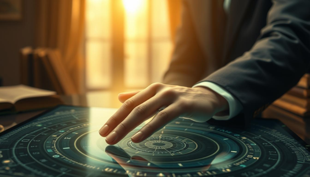 A serene scene depicting AI technology integrated with palm reading. In the foreground, a hand gently rests on a holographic palmistry chart, illuminated by a mistical celestial light that casts a golden aura. The hand is adorned with subtle, elegant rings, and the person is dressed in professional business attire, exuding a sense of calm authority. The middle ground features a sleek, modern digital interface displaying insights derived from traditional palm reading, blending seamlessly with the historical imagery of hand lines. In the background, softly blurred silhouettes of ancient palmistry books and a tranquil room with warm lighting enhance the atmosphere of wisdom meeting innovation. The overall mood is one of intrigue and enlightenment, inviting viewers to explore the connection between tradition and technology.