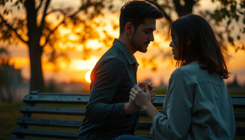 A serene scene depicting a couple sitting closely on a park bench during sunset, their hands gently intertwined, expressing a deep emotional connection. The foreground features their thoughtful expressions, showcasing warmth and understanding, with soft, mistical celestial light illuminating their faces. In the middle, a gentle breeze stirs the foliage around them, hinting at a peaceful atmosphere filled with love. The background shows a soft-focus landscape of a sunset sky painted in warm hues of gold and pink, creating an aura of tranquility. The composition is symmetrical, enhancing the feeling of harmony between the couple. The lighting is soft and golden, adding to the ambiance of intimacy and emotional connection, captured with a warm lens effect that emphasizes the importance of communication in love.