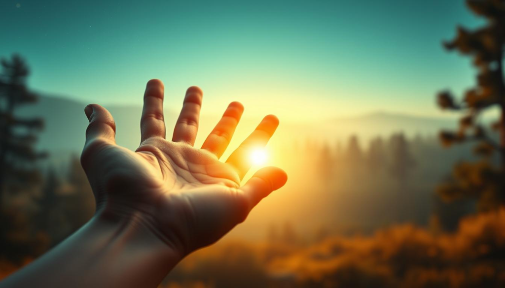 A serene scene depicting a pair of hands with detailed palm lines, symbolizing palmistry, gently cradling a glowing orb of light to represent personal growth. The foreground features the hands in soft focus, adorned with subtle golden aura, emphasizing the intricate lines and patterns of palmistry. In the middle background, a mystical, ethereal landscape with soft celestial light filtering through a luminous forest, creating an inviting atmosphere. The sky is dotted with faint stars, enhancing the sense of direction and purpose. The overall mood is tranquil and introspective, encouraging reflection and exploration of life’s journey. Natural lighting is soft and warm, conveying a sense of hope and inner clarity. Note: No text or human subjects are included.