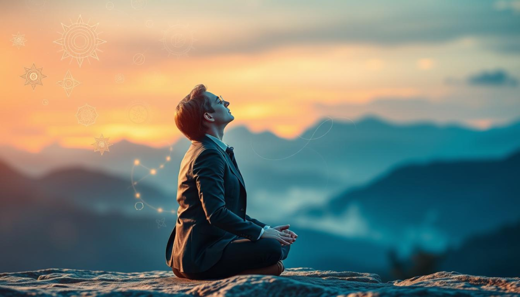 A serene scene depicting the concept of subconscious awareness. In the foreground, a person in professional business attire sits cross-legged in meditation, their eyes closed, with soft, ethereal waves of energy surrounding their body, illustrating the unseen forces at play. In the middle ground, abstract symbols and shapes representing thoughts and emotions flow gently, intertwining and radiating with warm colors like gold and deep blue, suggesting a deep connection to intuition. In the background, a dreamy landscape with blurred, misty mountains and vibrant hues of dawn peeking through, illuminating the scene with a soft, ambient light. The overall mood conveys tranquility, depth, and the mystery of energy perception, creating a visually engaging metaphor for the hidden language of energy.