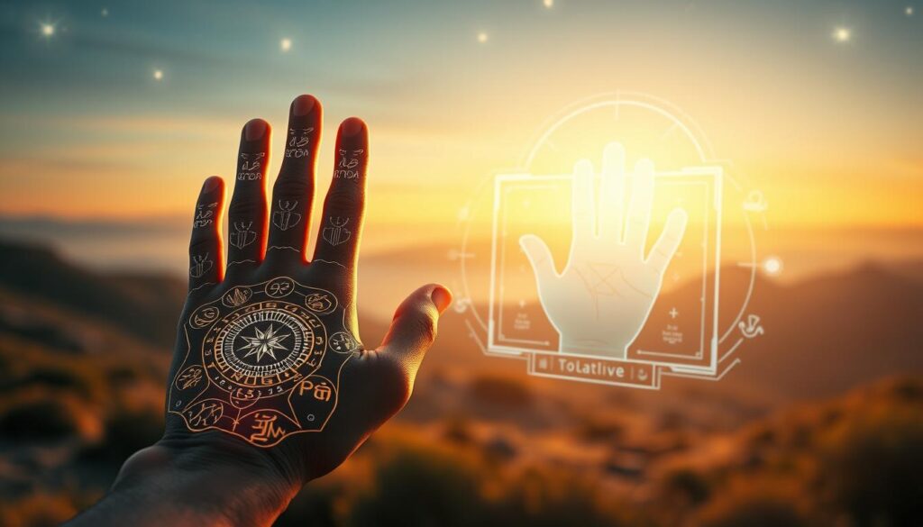 A serene scene depicting the evolution of palmistry, with a detailed, illuminated hand in the foreground, showcasing intricate lines and symbols that represent traditional palmistry. In the middle ground, a modern digital interface with holographic elements displays palm readings, merging the ancient practice with contemporary technology. The background features a mystical landscape with celestial elements and a soft-focus twilight sky, casting a golden aura over the entire composition. Soft, ethereal lighting highlights the hand and technology, enhancing the sense of a transformative journey through time. The atmosphere should evoke a sense of harmony between tradition and innovation, encouraging the viewer to reflect on personal growth and exploration.