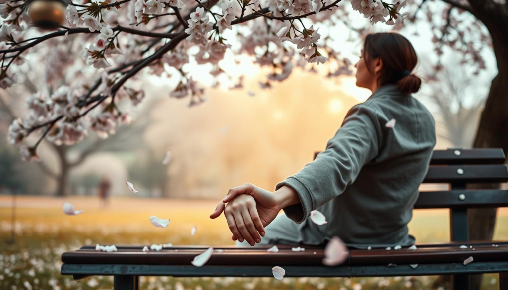 A serene scene depicting two individuals, one male and one female, sitting on a park bench under a blooming cherry blossom tree. The foreground features their intertwined hands, symbolizing emotional attachment, with delicate petals falling softly around them. In the middle ground, the couple gazes into each other's eyes, their expressions warm and connected, dressed in modest casual attire. The background showcases a softly illuminated, dreamy landscape with hints of a golden aura and mystical celestial light filtering through the branches, creating a harmonious atmosphere. The scene is captured with a shallow depth of field, resulting in a gentle, soft-focus effect that enhances the intimacy and emotion conveyed. The overall mood is one of tenderness and deep connection, embodying the essence of attachment styles in relationships.